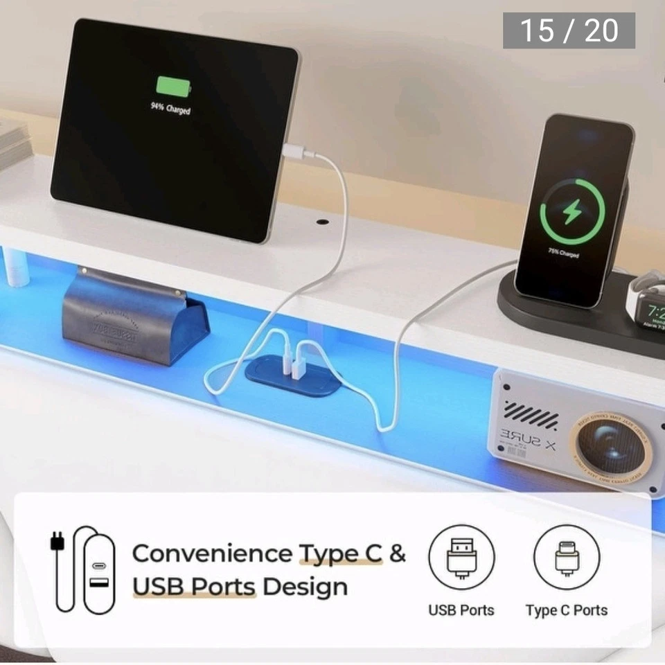 Marco de cama flotante Queen con cabecero de almacenamiento oculto y luces LED Foto 4 de 4