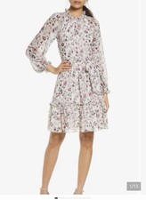 NWT Eliza J Dress 2p Ruffled Chiffon Long Sleeves Pink Floral Lined Knee Length