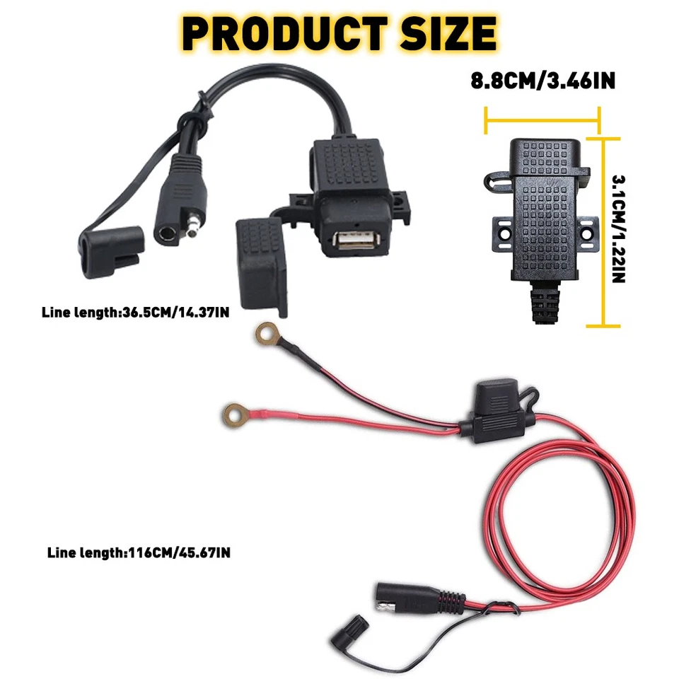 Waterproof Motorcycle SAE to USB Charger Adapter Inline Fuse Cable For Phone GPS - Image 2 of 4