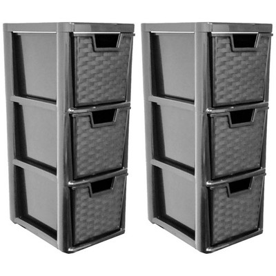 2er Pack Aufbewahrungsbox 3 Ebenen Mittelgroß Kunststoff Schubladen Schwarz Rattanoptik