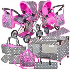 Doll Pram Stroller Set - Deep Carrycot, Crib, Bedding, Bag