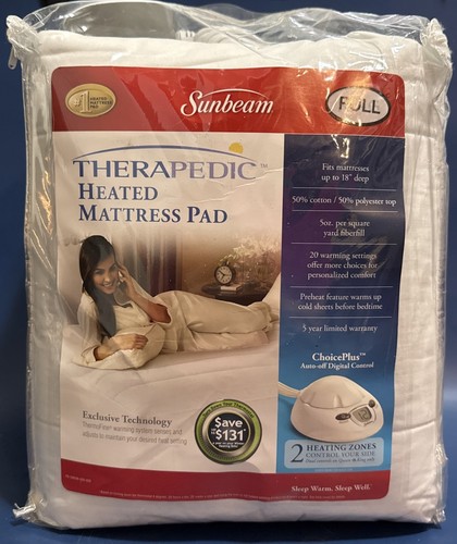 Sunbeam Therapedic Heated Mattress Pad Full 20 Heat Settings Auto-Shut Off