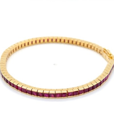 14K Yellow Gold Square Ruby Channel-Set Tennis Bracelet-Perfect Gift for Push