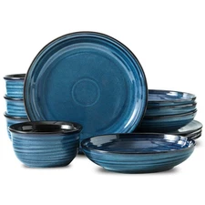 Ceramic Plates and Bowls Dishes Set, 12 Pieces Handmade Reactive Glaze Dinner...