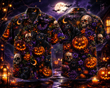 Halloween Hawaiian Shirt 3D Pumpkin Skull Bla...