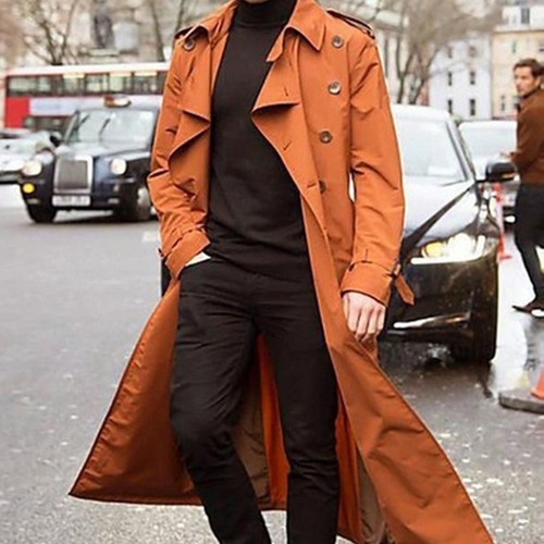 Men's Casual Long Trench Coat Classic Lapel Long Sleeve Jacket Overcoat Pea Coat - Picture 5 of 15