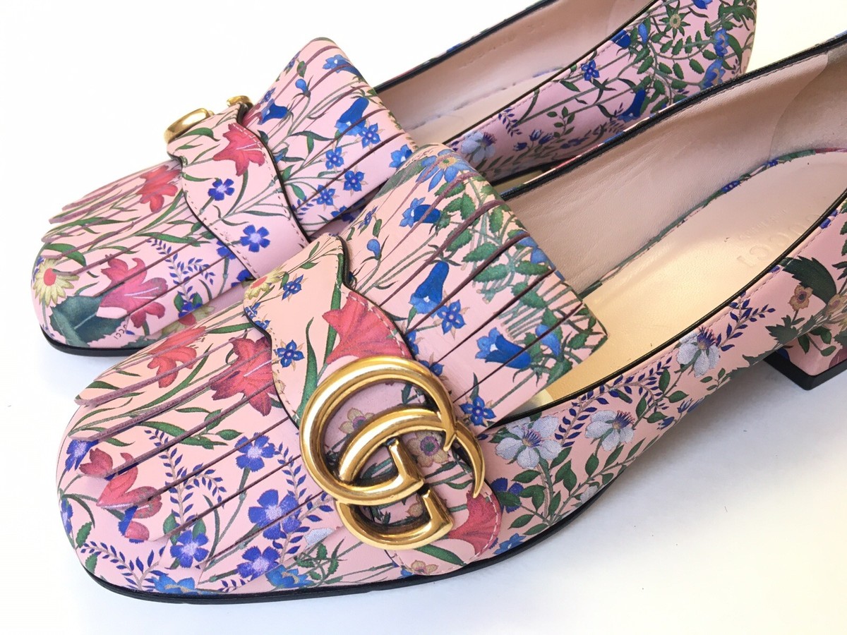 GUCCI Marmont Pink Rose Floral Fringe Block Low Heel Size 37