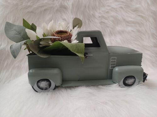 Vintage Metal Truck Decoration Green with Black Flowers Fall Autumn Decor - Picture 3 of 6