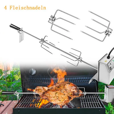 MARKENLOS BBQ Drehspieß Grillspieß mit 4 Fleischnadel Set Motor Rotisserie Grill Edelstahl