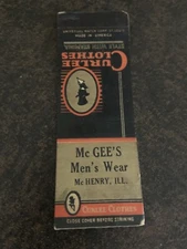 Vintage Illinois Matchbook: “McGee Men’s Wear - Curlee Clothes” McHenry, IL