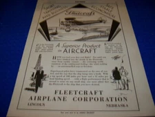 1929 FLEETCRAFT BIPLANE "A SUPERIOR PRODUCT" 1-PAGE ORIGINAL SALES AD (57MM)