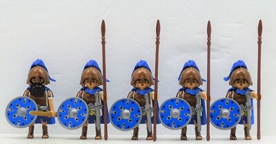 5 Figurines Guerriers Grecs Playmobil Compatibles - Elite Grecque - Bleu Et Bronze - Occasion
