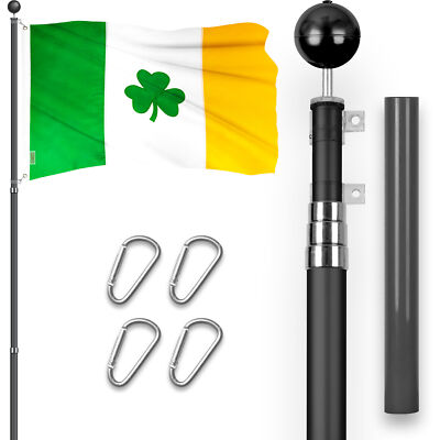Combo: 16Ft Telescoping Flagpole Black & Ireland Irish Shamrock Flag 3x5 Ft Emb