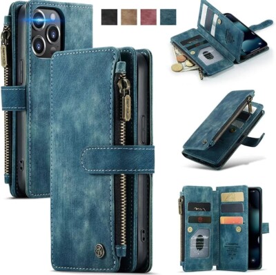 Hülle für iPhone 16 15 14 13 12 11 Reißverschluss Brieftasche Leder Flip Geldbörse Karten Ständer Cover