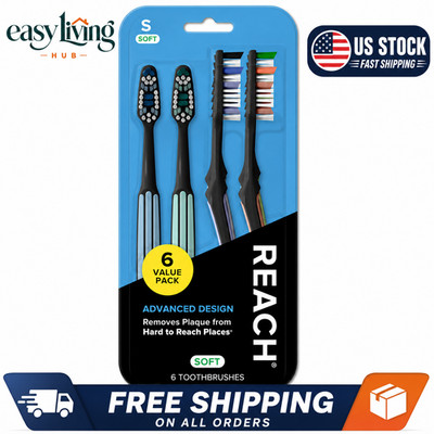 REACH Advanced Design Angled Neck Toothbrush, Assorted Colors, Firm, 6 Count