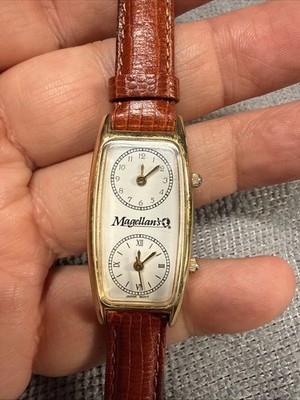 Magellan Dual Time Zone Watch Gold Color Long Tank Case Working New Batteries
