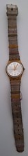 Vintage Swatch Womens Watch Clear Case Silver Dial Striped Fabric Strap WORKING