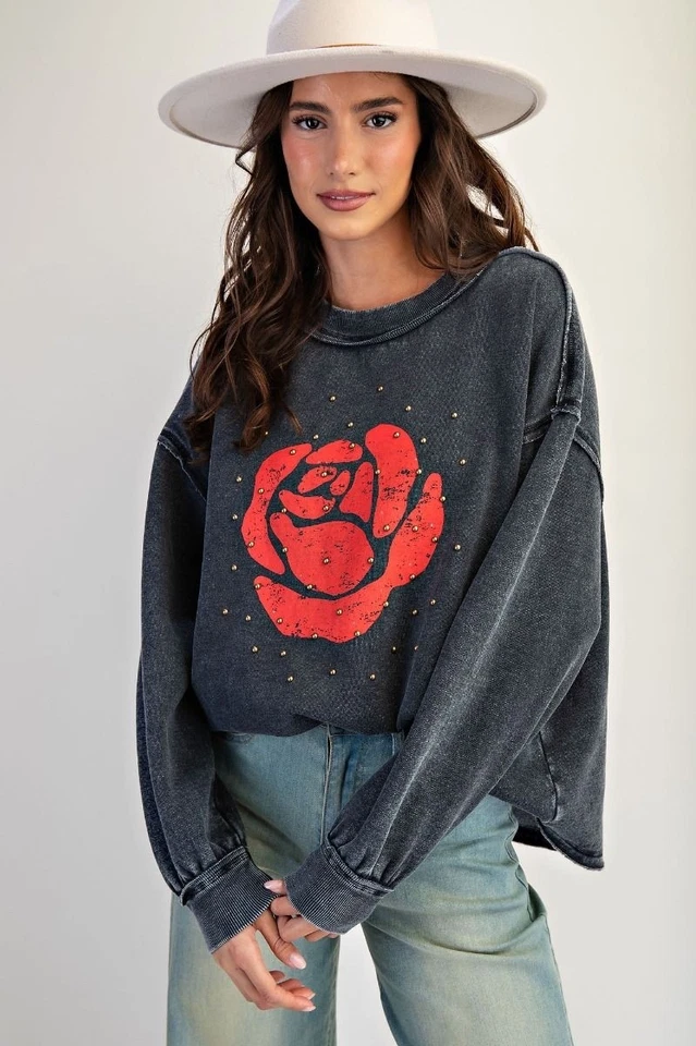 Sudadera Top Mujer Caballete Rojo Rosa Tachonado Lavado Manga Larga en Negro Foto 3 de 4