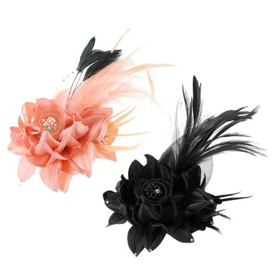2 Stück Blumenspange mit Federn für Damen schwarz und rosa mit schwarzen Federn