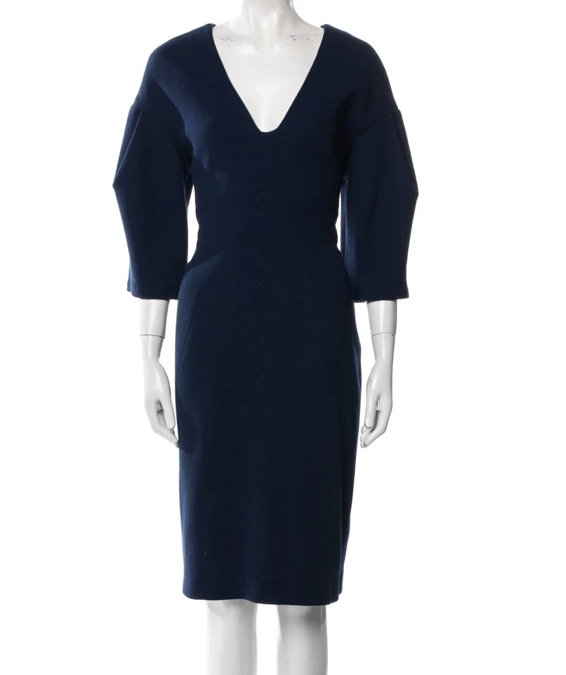 Vestido Lela Rose Media Manga Cuello en V Midi Azul Marino Lana Virgen Donna Pulson Trajes Talla 4 Foto 2 de 4