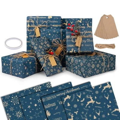 WORIC 8 Sheets Blue Christmas Wrapping Paper 4 Designs Kraft Wrapping Paper plus 10