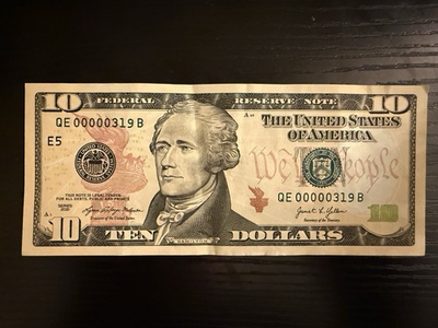 #ad Low Serial Number 10 US Dollar Bill Series 2021 QE 00000319 B $60.00