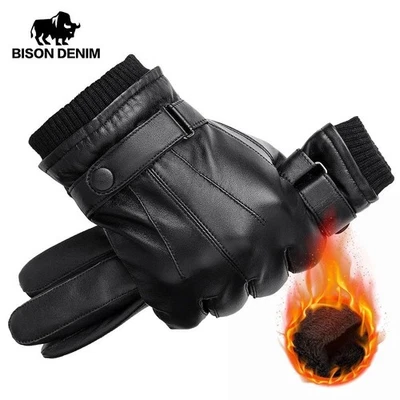 BISON DENIM gants homme cuir PU écran tactile hiver chaud élégants noirs qualité - Photo 1/4