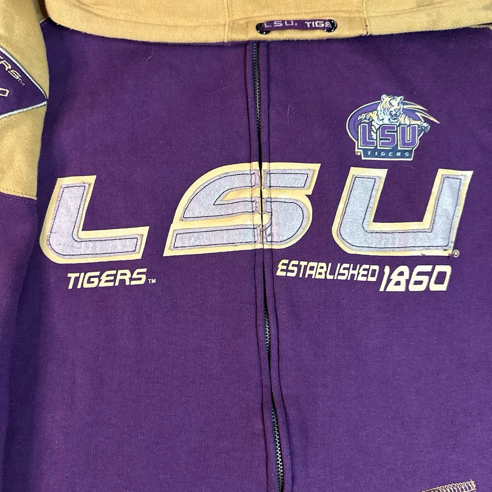 VINTAGE LSU Fighting Tigers Sweatshirt Mens Large Purple Yellow Football Hoodie - Image 2 of 4