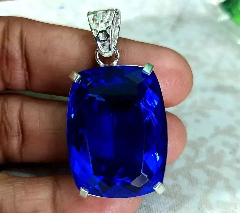 Colgante de piedra preciosa de plata maciza 925 certificado 64 quilates topacio azul natural corte cojín Foto 2 de 4