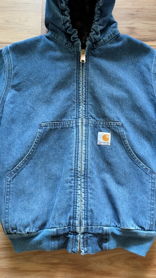 Vintage Carhartt Denim Hooded Jacket Youth M Blue Blanket Line ASAP Rocky Y07DST - Image 4 of 4
