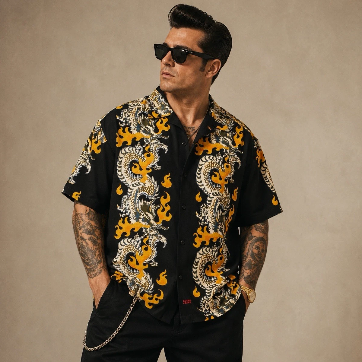 Camisa De Colección Guess Para Hombres XXL Negra Estampado Dragón y Llamas Rayón Rockabilly Salón