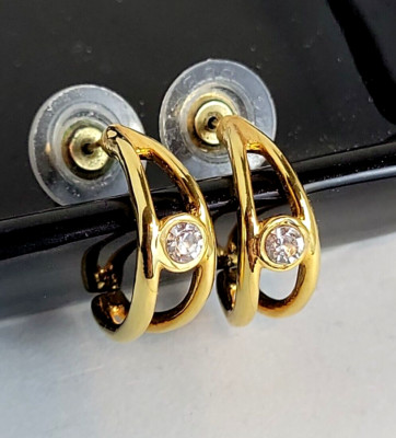 One (1) Pair of Gold Tone Half-Hoop Pierced Earrings w/Rhinestone - NEW