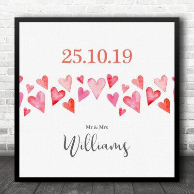 Quadratisches Aquarell rot Herz Jahrestag Hochzeit Datum personalisiert Geschenk Druck