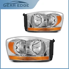 Headlights For 2006-2008 Dodge Ram 1500 2500 Amber Cab Models Chrome Headlamps
