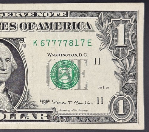 Fancy Serial Number K67777817E 5 of a Kind 4 in a Row Lucky 7s Note