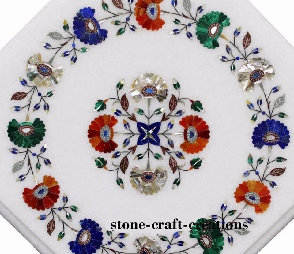 Marble Sofa Side Table Pietra Dura Art Coffee Table for Bar Decor 12 x 12 Inches - Image 2 of 3