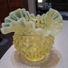 Fenton Topaz Vasoline Glass Ruffled Hobnail Rose Bowl Vase 4.5” of Glow.
