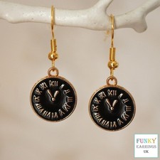 Cool Clock Earrings in gold and enamel, funky jewellery drop earrings for women