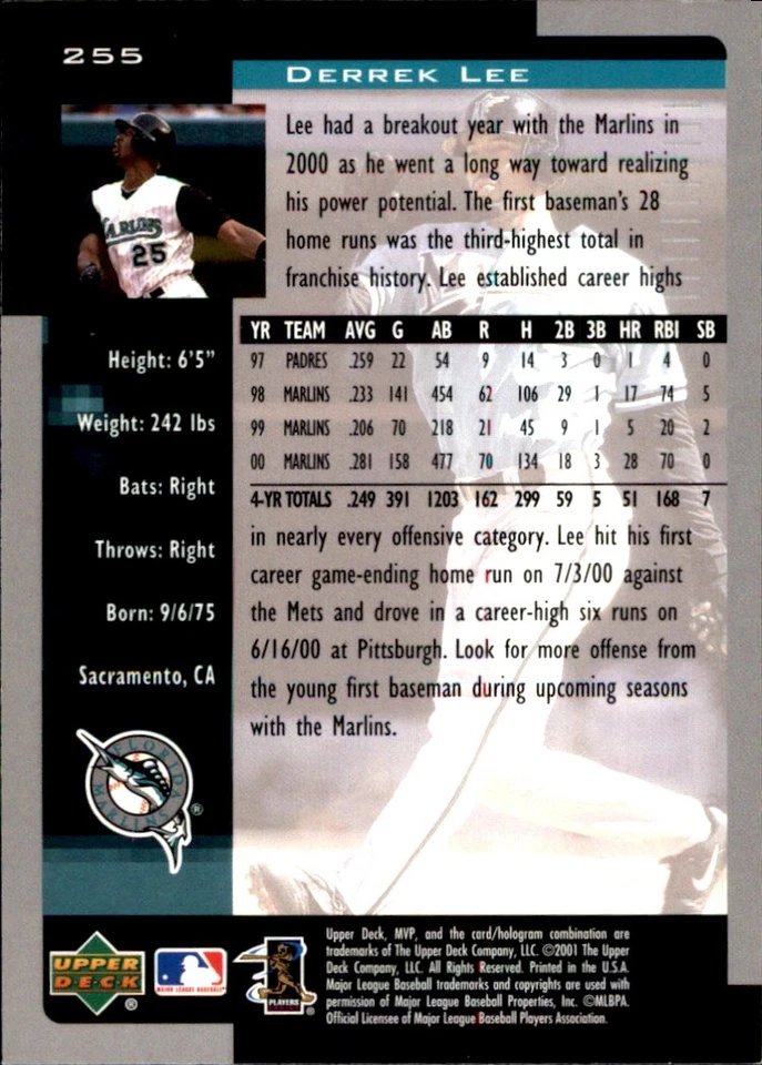Derrek Lee 2001 Upper Deck MVP #255 Florida Marlins FREE SHIPPING AutographDen - Image 2 of 2