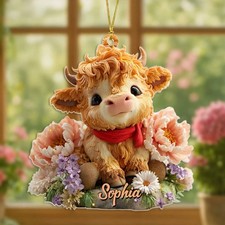 Custom 2D Flat Highland Cow Christmas Ornament Personalized Cute Cow Holiday Gif