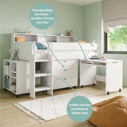 White Mid Sleeper Cabin Bed with Desk and Storage - Aire AIR101 - Picture 2 of 8