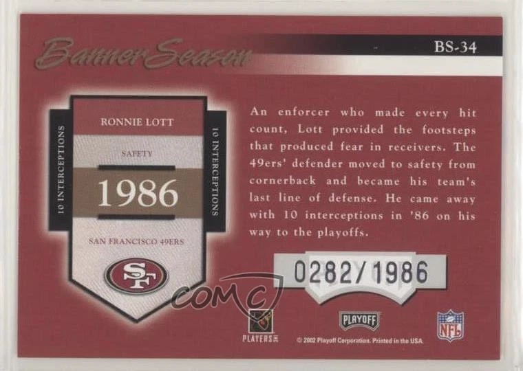 2002 Playoff Prestige Banner Season /1986 Ronnie Lott #BS-34 HOF - Image 2 of 2