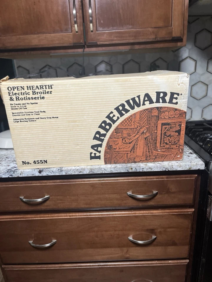 复古 20 世纪 70 年代 Farberware 开放式壁炉室内烧烤烤架 455N? 带保护套 — 第 2/2 张图片