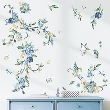 Flower Vines Wall Stickers Blue Rose Watercolor Floral Peel and Stick Wall