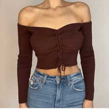 Zara Chocolate Brown Ribbed Off The Shoulder Top Women's Size L