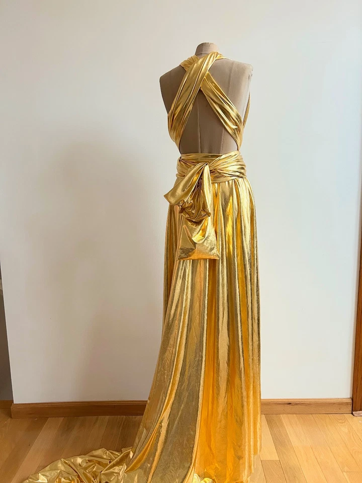 Anastasia Mokko Gold Lame Metallic Goddess Diana Gown w/ Long Train sz 8 12 NEW - Image 2 of 4