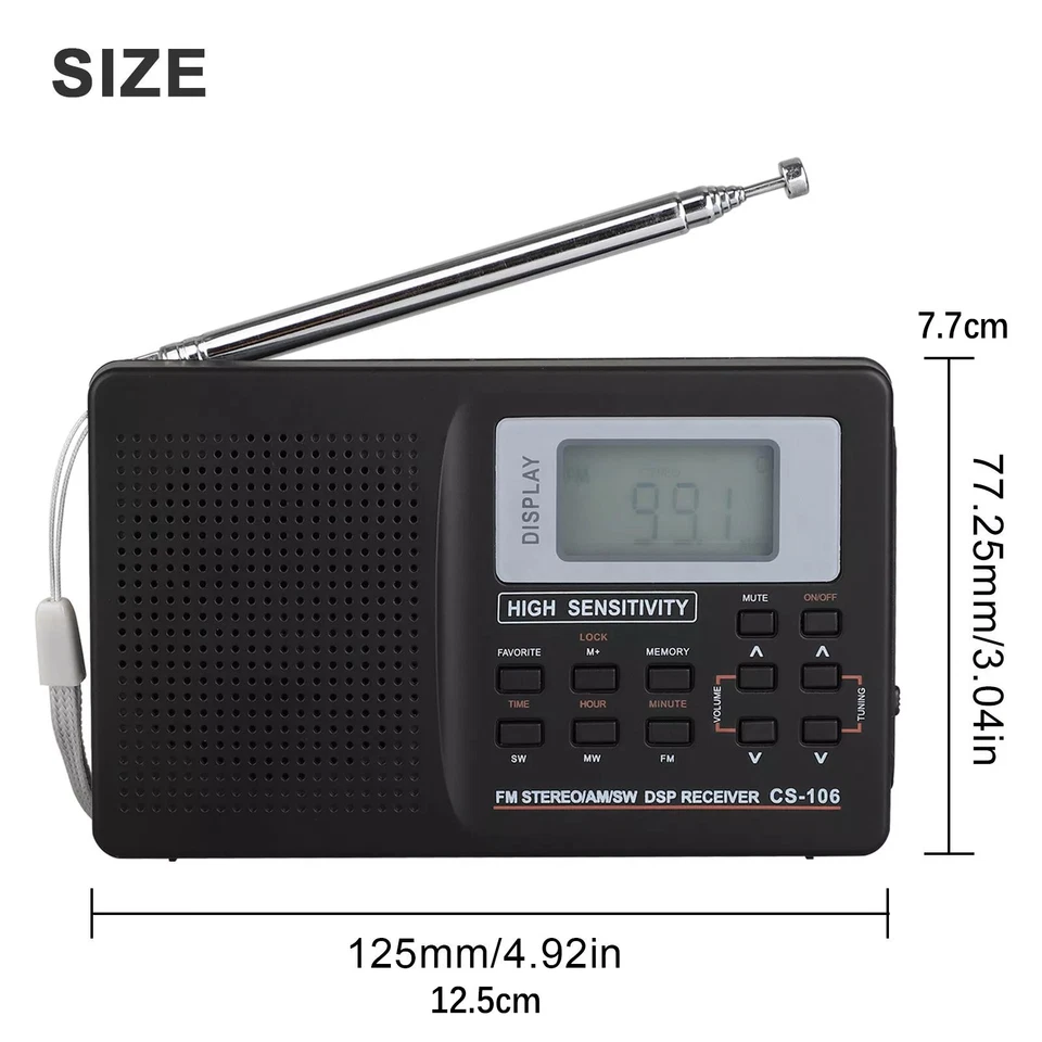 1Pc Black CS-106 Digital Radio LCD Display FM/AM/SW/MW Receiver w/ Earphone - Image 4 of 4
