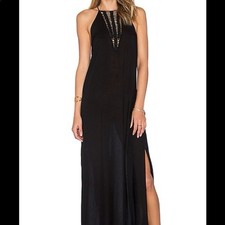 ASTR The Label Black Crochet Plunge Halter Maxi Dress XS NWT