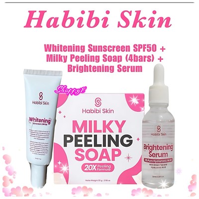 Habibi Skin Milky Peeling Soap + Whitening Sunscreen SPF50 + Brightening Serum