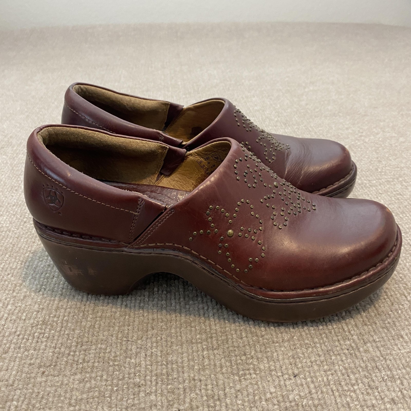 Ariat Fatbaby Clog Shoes Womens Size 9.5 Brown Leather Slip On Floral 21262